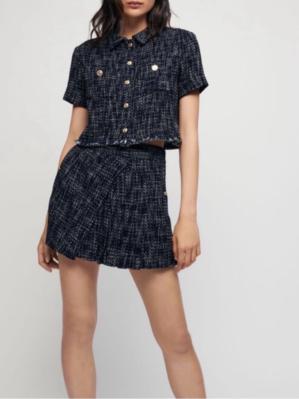 Maje Navy Blue Tweed Cropped Jacket Blazer size 1